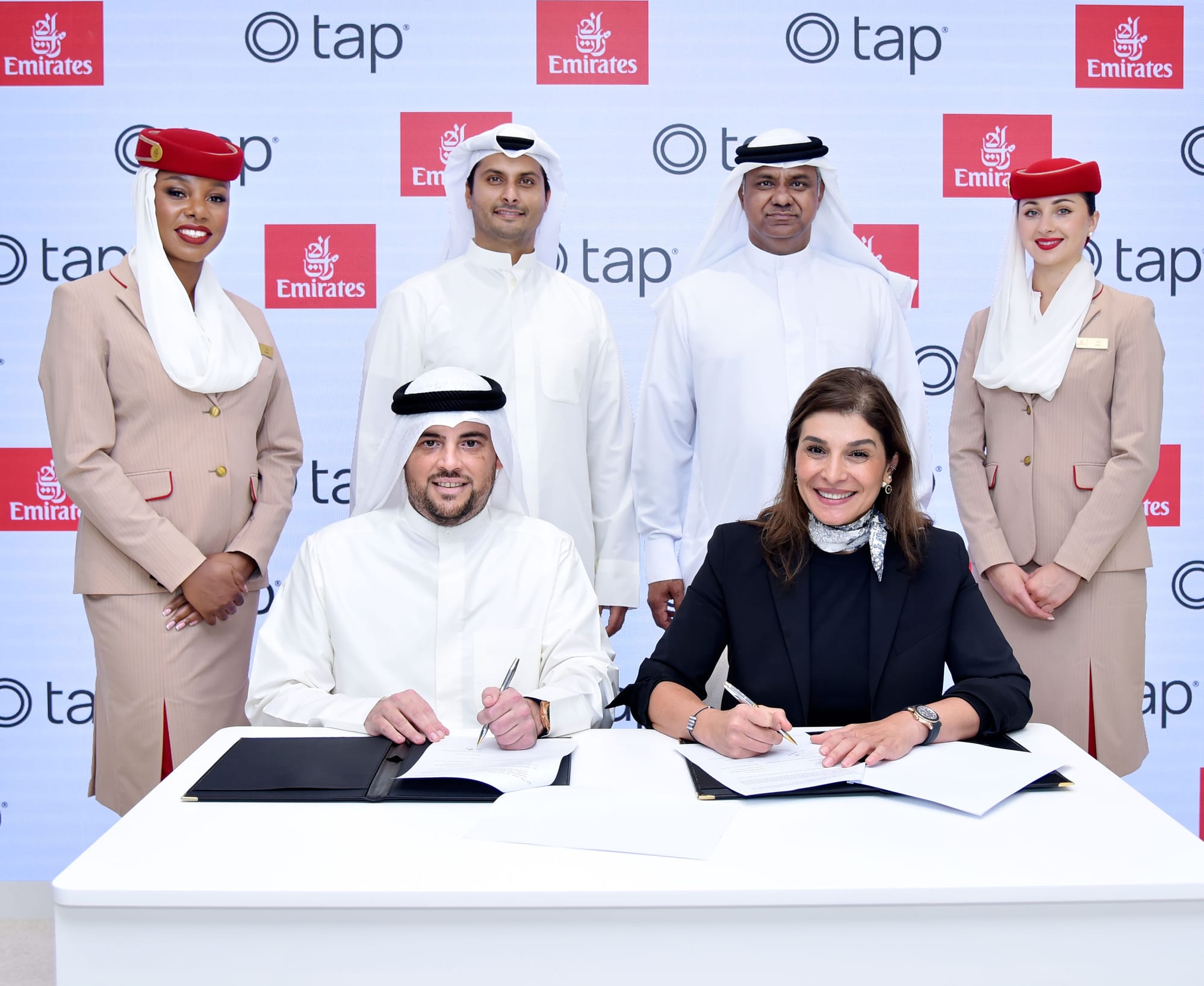 This MOU was signed by Anwar Marafi, Head of Value Added Services at Tap Payments & Dina Al Herais, Emirates' Vice President Commercial Products, Business and Leisure, Also present Ahmad Alwazzan, Managing Director of the UAE at Tap Payments, alongside Nabil Sultan, Executive Vice President Passenger Sales and Country Management at Emirates